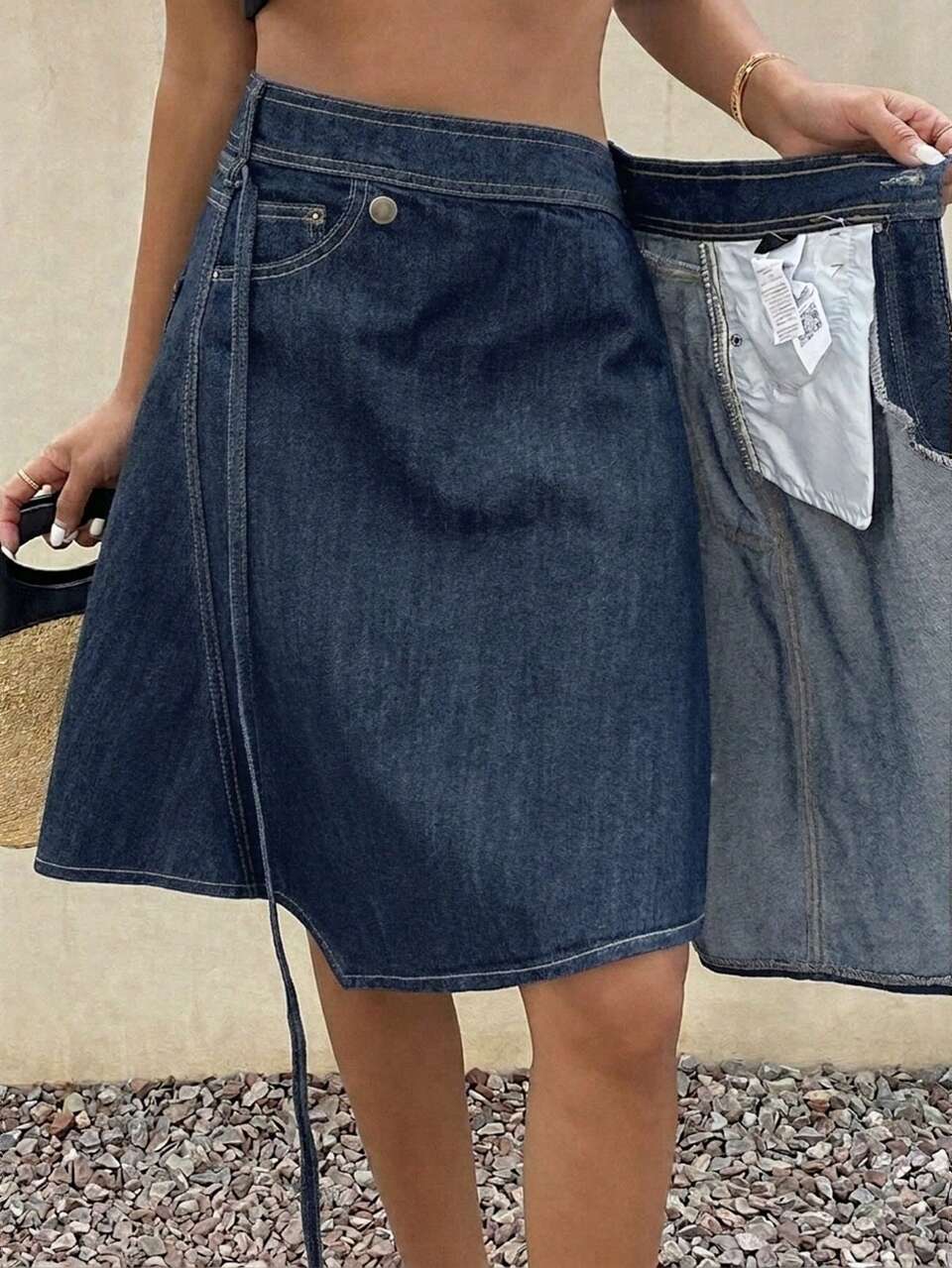 Women's Casual Asymmetric Denim Midi Skirt Navy Blue For Autumn Daily Wear