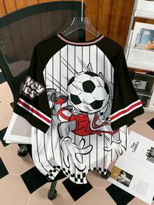 LOONEY TUNES X SHEIN 女士休闲时尚街头卡通兔子踢足球条纹印花撞色插肩袖 V 领 T 恤，夏季 - 白色 - 查看 2