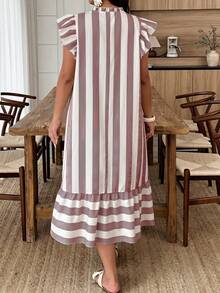 Weeklong Women's Plus Size Spring/Summer Casual Boho Vacation Loose Striped Ruffle Sleeve Ruffle Hem Dress, Suitable For Daily Beach White - Multicolor - View 2