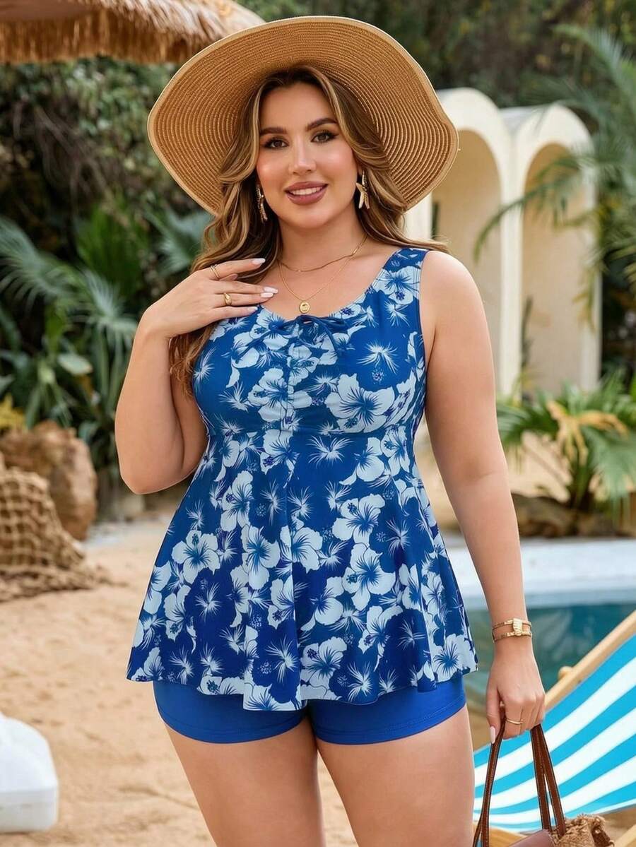 SHEIN Swim 大尺碼女款 2 件組隨機印花背心上衣 抽繩前襟 收腹顯瘦 極簡風 度假海灘泳裝套裝 - 彩色 - 查看 1