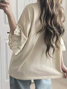 FRIFUL Women's Casual Loose Fit Letter Print Lace Patchwork Short Sleeve T-Shirt, Breathable Cotton Blend, Versatile For Spring/Summer - Apricot - View 2