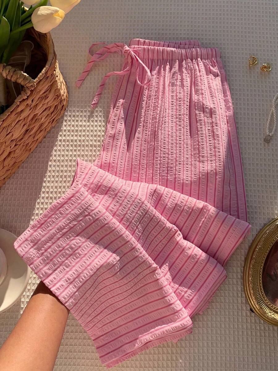 SHEIN 少女蝴蝶結腰飾條紋寬鬆休閒長褲 - 粉色 - 查看 1