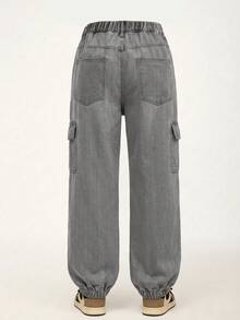SHEIN Teen Boys Y2K Loose Streetwear Fashion Light Gray Cargo Pocket Straight Leg Cuffed Soft Denim Jeans, Casual School Spring Autumn Back To School - Grey - View 3