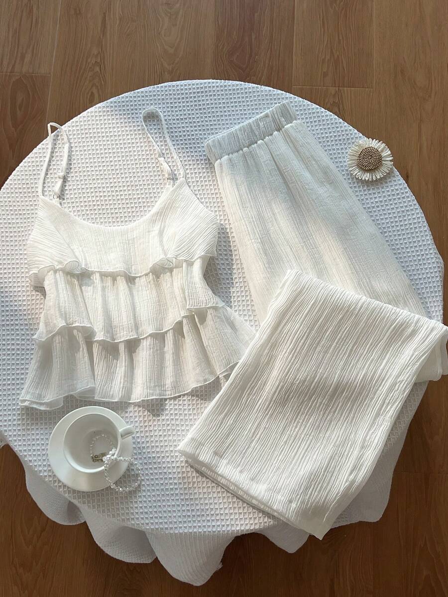 Noixe Setelan Dua Potong Wanita Polos Atasan Camisole dan Celana Panjang Kasual Sehari-hari - Krem - View 1