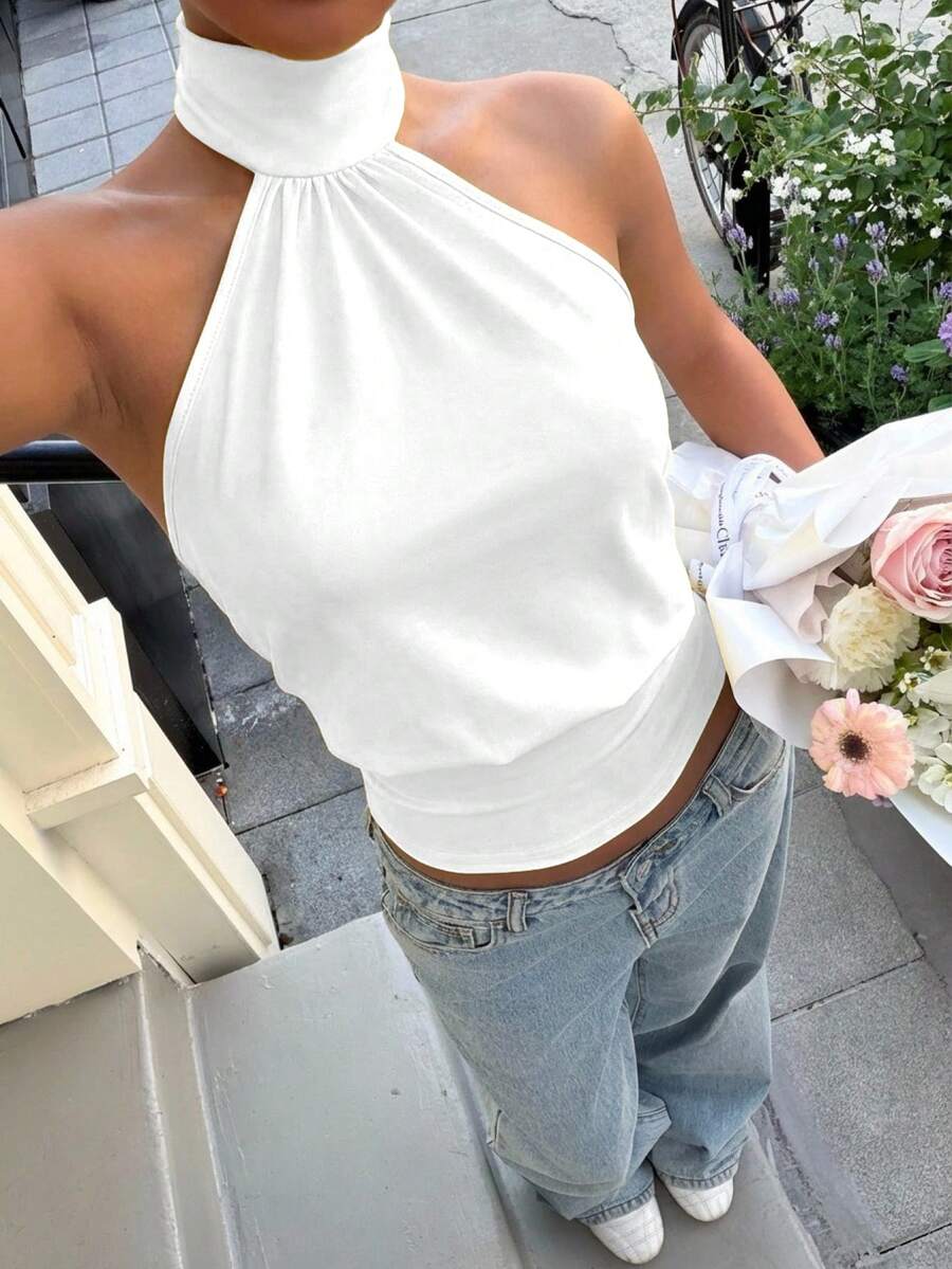 Muchica Women's Solid Color Halter Neck Casual Versatile Daily Outing Top - White - View 1