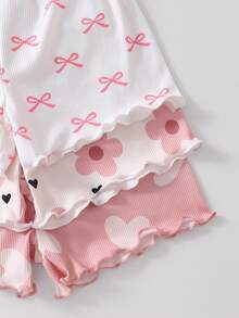 (Aleatorio 3-en-1) Conjunto de Top Camisola y Shorts de Tela Acanalada Suave y Cómoda con Estampado Floral de Corazón y Mariposa Cálido para Niñas con Decoración de Lazo 3D, Caja Ciega Aleatoria 1 Conjunto - Multicolor - Ver 7
