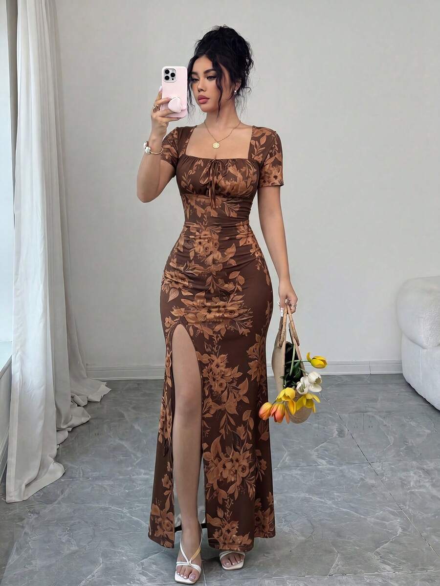 Rafferiza 女款夏季短袖長洋裝 數位印花度假洋裝 海灘度假洋裝 裙襬開衩 腰部抓皺長洋裝 - 棕色 - 查看 1