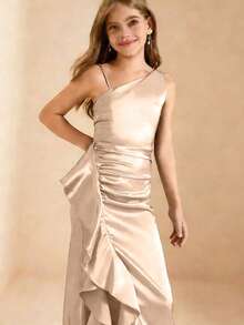 Girls' Apricot Spaghetti Strap Square Neck Fitted Split Patchwork Ruffle Long Dress, Lightweight And Soft Fabric, Suitable For Vacation, Graduation, Back To School, Wedding Season, Various Parties And Formal Occasions - Champagne - View 3