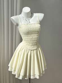 Elamini Sexy Sweet Style Solid Color Waist-Defining Slimming A-Line Cake Dress Spaghetti Strap Dress - Pale Yellow - View 7