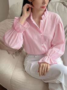 DAZY Women's Casual Commuter Striped Shirt - Pink - View 1