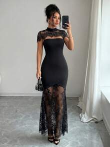 SHEIN Clasi Women's Stand Collar Contrast Lace Fitted Elegant Sexy Dress Party Dinner Date Night Black Summer - Black - View 3