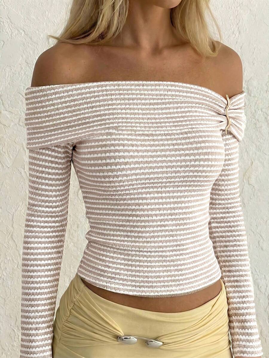 Aloruh Apricot Striped Knit Long Sleeve Fitted T-Shirt Top With Off-Shoulder