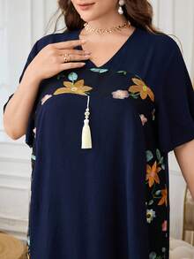 Al Najma Plus Size Women's V-Neck Ruffle Short Sleeve, Mesh Embroidery Patchwork Front Tassel Loose Turkish Dress - Navy Blue - View 6