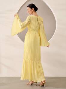 Graceveil Vestido Árabe Elegante Casual con Cintura Plisada Amarilla Suave para Invitado de Bautizo Formal de Invierno - Amarillo - Ver 3