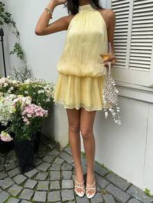 Sunnyshic Women's Pale Yellow Backless Mini Dress, Beach Vacation Outfit, Summer Fashionable Romantic Elegant Holiday Style - Yellow - View 3