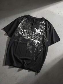ROMWE MEN Men's Round Neck Letter Print Casual Versatile Daily Outing Short Sleeve T-Shirt - Black - View 5