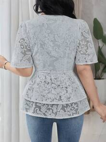 Feyla Women's Elegant Solid Color Lace Blouse, Summer - Blue - View 2