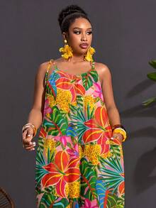 Slaydiva Casual Tropical Rainforest Leaf Print Plus Size Women's Apricot Camisole Jumpsuit Suitable For Spring And Summer - Multicolor - View 12