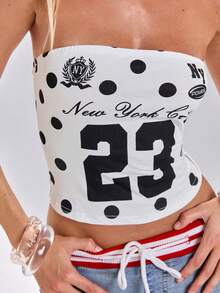 ROMWE Y2K Sporty World Cup Numeric & Polka Dot Print Tight Bandeau Top, Summer Vacation - Black and White - View 6