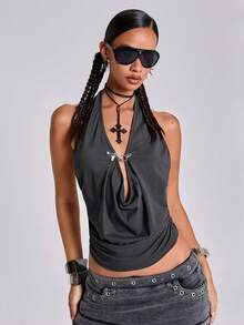 ACID BLVD Women's Summer Y2K Metal Airplane Buckle Deep V Ruffle Draped Neck Tank Top - Grey - View 5