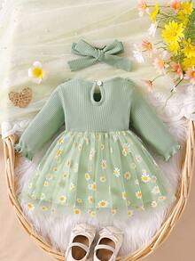 SHEIN 新生女嬰白色細條紋立體刺繡花朵蝴蝶結拼接網紗洋裝與髮帶2件組，秋冬新款優雅適合戶外拍攝 - 彩色 - 查看 2