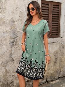 EMERY ROSE Women's V-Neck Short Sleeve Floral Print Midi Dress - Green - View 3