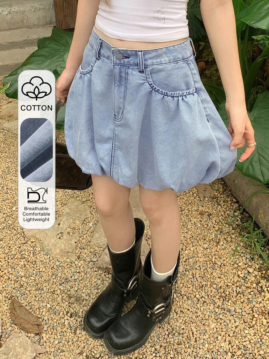 DAZY 女款女孩休閒口袋鈕扣裝飾牛仔泡泡裙,百搭日常穿著,春夏輕藍色校園風 - 藍色 - 查看 1