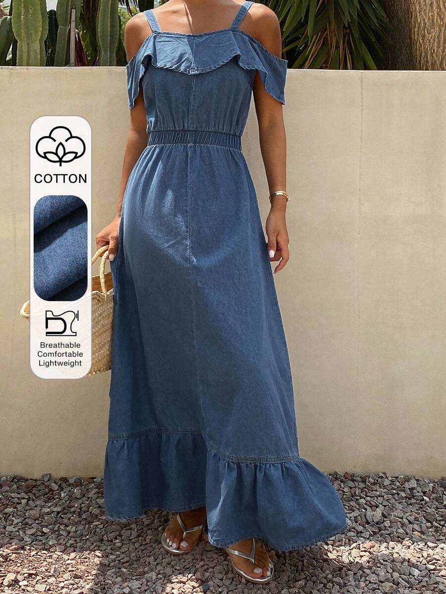 DAZY Ruffled Off-Shoulder Tie-Waist Denim Dress For Women Vacation - Blue - View 1