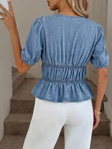 SHEIN LUNE Women's Sexy Casual Vacation Style Deep V-Neck Petal Sleeve Tie Front Ruffle Hem Denim Blouse Summer Festival Costume Commuting Vacation Graduation Chic Y2k Cute Streetwear Coquette Party Wedding Elegant Business Casual Woman Business Beach Graduation Going Out Birthday - Blue - View 2