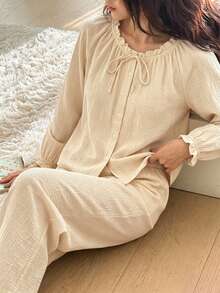 DAZY Soft Blue Cotton Pleated Ruffle Design Loose 2-Piece Pajama Set For Women - Apricot - View 6