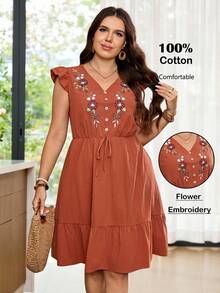 Rosumi Plus Size Women's Summer Casual Bohemian Boho Vacation Floral Embroidery Dress Country Going Out Dinner Business Daily Wear Ruffle Pastel - Redwood - View 1