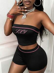 INAWLY Solva Fashion Casual Sexy Sporty Style Printed Pattern Color Block Bandeau Top High Waist Athletic Shorts 2pcs Set Gym Pink Summer Night - Black - View 5