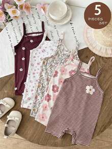 SHEIN LMoss Kids 5件套女婴针织条纹碎花吊带连体衣套装 - 彩色 - 查看 8