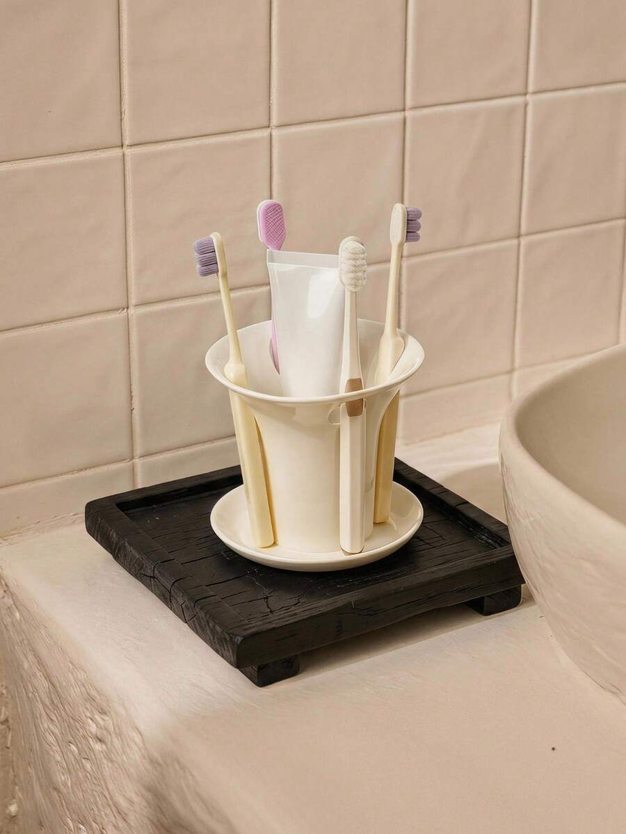 Cirelle 1pc Simple Ceramic Toothbrush Holder, Multi-Purpose Bathroom Organizer, Elegant White Countertop Caddy For Toothpaste, Razors & Accessories, Minimalist Vanity Storage Cup, Ideal Gift For Home Decor & Housewarming, Keeps Toiletries Neat - White - View 1