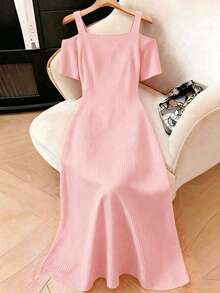 Elenzga Damen Große Größen Einfarbiges Kleid mit Herz-Ausschnitt und Schlitzdesign, modisch und elegant - Pink - Übersicht 2