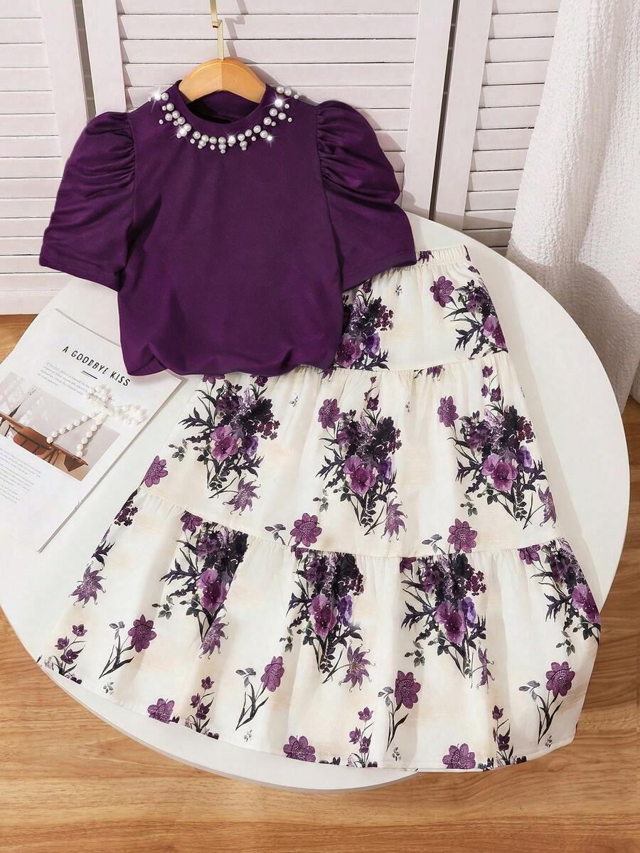 SHEIN Tween Girl Faux Pearl Decorated Short Puff Sleeve T-Shirt And Floral Print Skirt Set - Purple - View 1