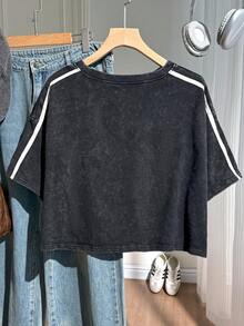 Comfortcana Spring Pure Cotton Snow Wash Plus Size Short Sleeve T-Shirt - Black - View 2