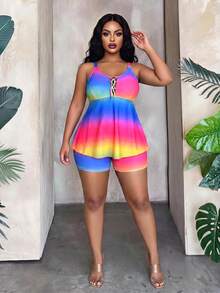 Maweii Summer Beach Plus Size Ombre Lace Up Front Swim Dress - Multicolor - View 3