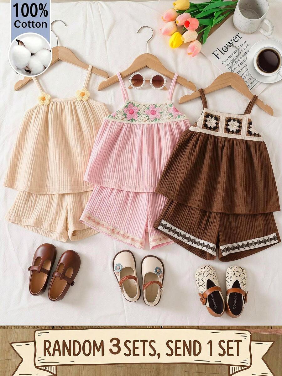 SHEIN LMoss Kids 少女花卉鉤編吊帶上衣與鉤編飾邊短褲套裝 西式連身短褲套裝 女孩 棕色 - 杏色 - 查看 1