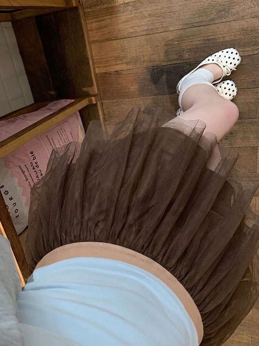 INAWLY 甜美女孩夏季芭蕾舞风格深棕色网纱蓬蓬高腰迷你裙 - 棕色 - 查看 1