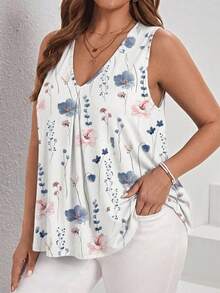 Comfylo Casual Versatile Daily Plus Size Floral Pattern V-Neck Pleated Casual Tank Top, Spring/Summer Style - Multicolor - View 2