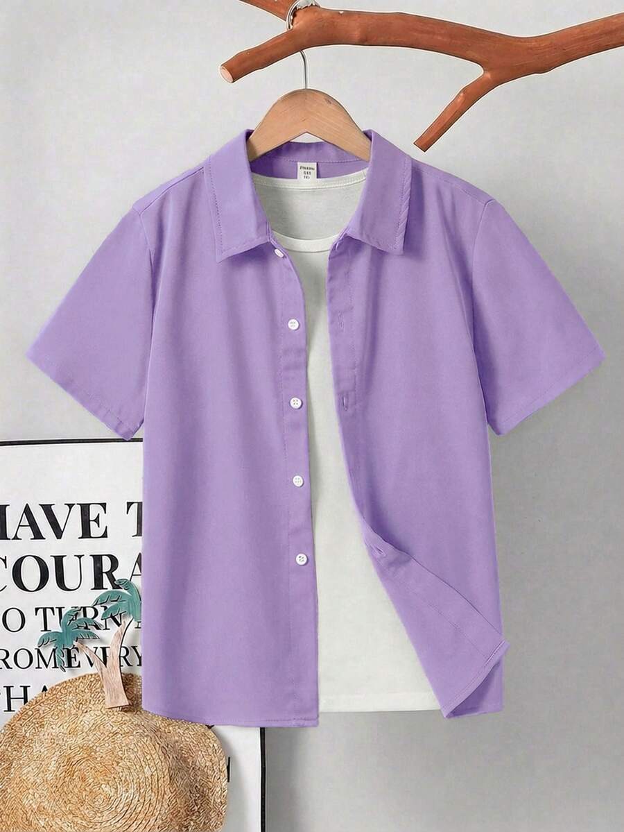 SHEIN 兒童男童休閒舒適短袖拼色襯衫 - 紫色 - 查看 1