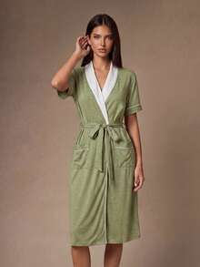 Lazeform Women's Casual Colorblock Lapel Short Sleeve Loungewear Robe With Belt - Green - View 3