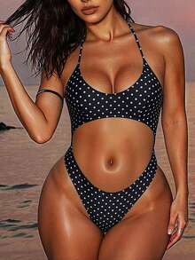 Swim SXY Summer Beach Women's Vacation American Independence Day Cut-Out Backless Halter Neck Sexy High-Cut One-Piece Swimsuit - Black and White - View 7