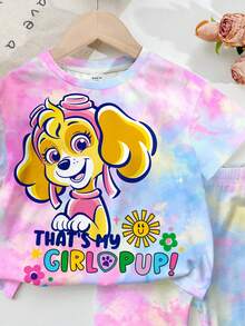 SHEIN | PAW Patrol 女童小女孩圓領字母卡通印花短袖T恤與短褲休閒日常套裝 - 彩色 - 查看 3