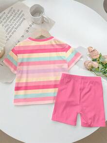 SHEIN | PAW Patrol 女童小女孩休閒經典可愛卡通動漫印花短袖上衣與修身短褲2件套，適合夏季返校穿著 - 彩色 - 查看 2