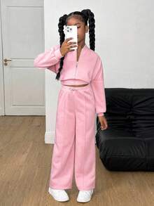 SHEIN 青少年女孩秋季兩件套長袖拉鍊連帽衫 + 寬腿運動褲休閒套裝，適合日常、街頭穿搭，休閒舒適 - 粉色 - 查看 6