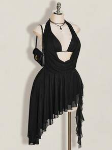 SHEIN ICON Plus Size Retro Sexy Millennial Style Y2K Modern Urban Elegant Party Date Night Two-Piece Black Dress Asymmetric Hem Ruffles Ribbons Halloween Summer - Black - View 6
