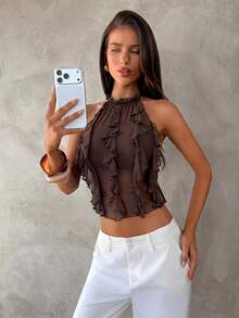Aloruh New Sexy Backless Lace-Up Design Crop Top, Purple Elegant Multi-Tier Ruffle Decor Halter Backless Vest, Spring/Summer - Coffee Brown - View 6
