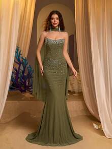 Glamrae Elegant Luxurious Sophisticated Strapless Sheer Mesh Bodice With Boning Exquisite Heavy Beaded Embellishment Asymmetric Mesh Ruffle Hem Bodycon Mermaid Tail With Train (Detachable Strapless Included) Suitable For Date Vacation Single Birthday Party Graduation Back To School Season Wedding Event Women's Afternoon Tea Women's Evening Gown - Army Green - View 3